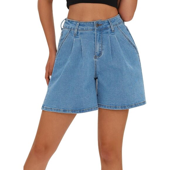 Women’s High Waisted Stretch Wide Leg Denim Shorts Blue X-Large